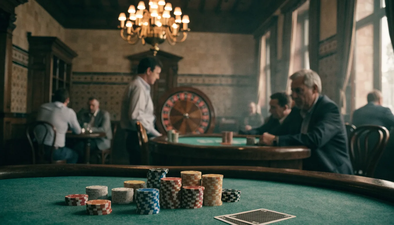 Mesa de casino en interior español elegante con fichas de colores, ruleta y cartas boca abajo