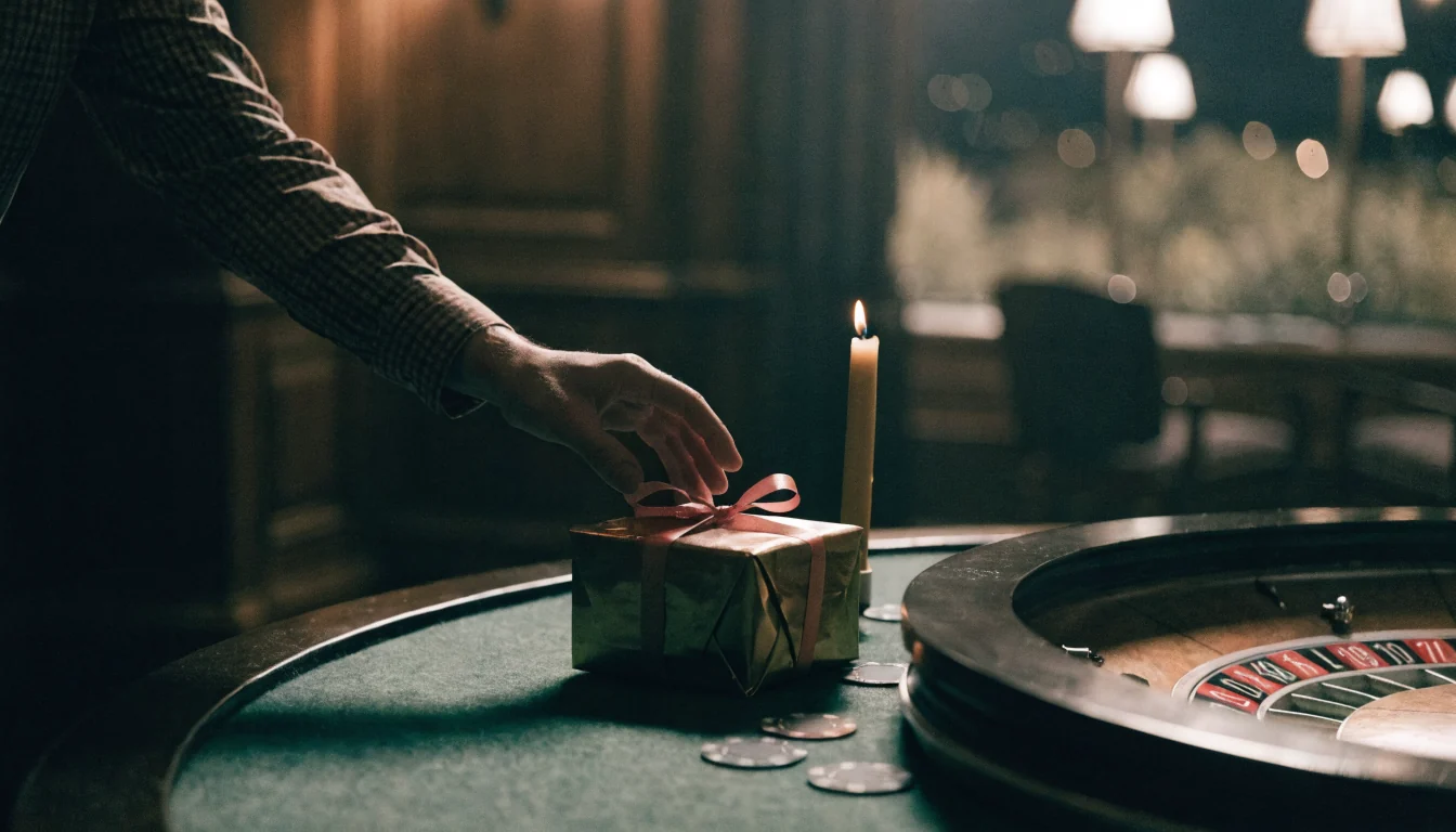 Regalo de cumpleaños con fichas y ruleta sobre mesa de casino iluminada con luz dorada.