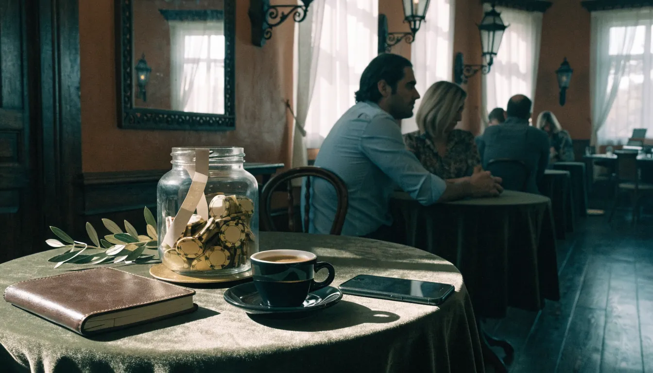 Salón de casino español con bote de fichas de bonificación y vale dorado sobre mesa de terciopelo