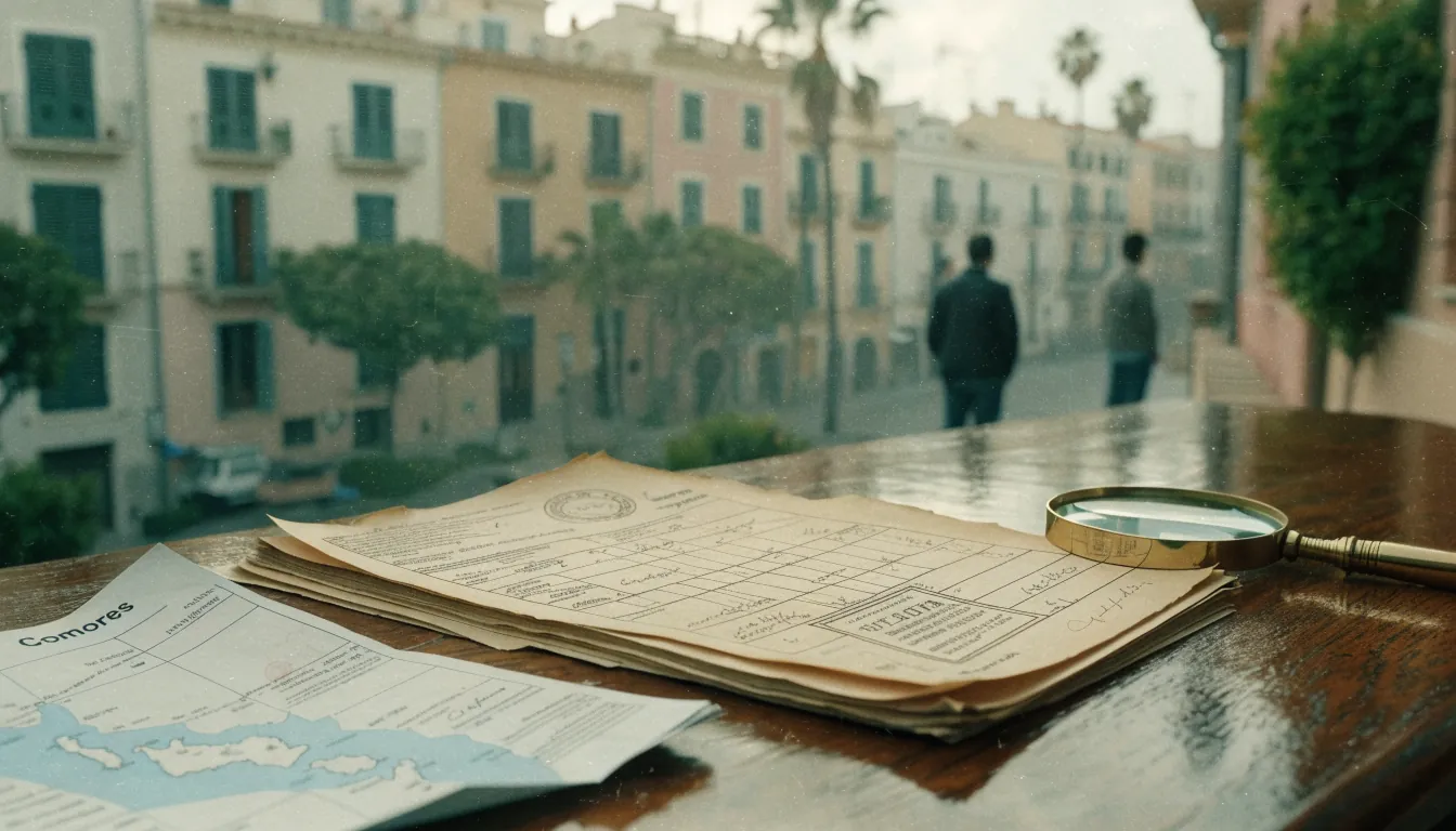Documentos oficiales con sello y lupa sobre un escritorio, con un pueblo portuario español al fondo.