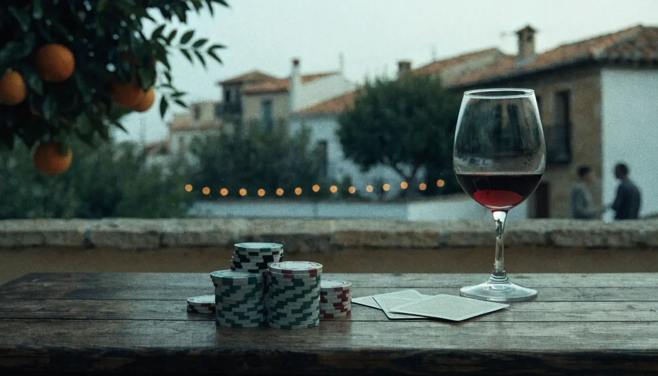 Mesa de terraza española con fichas de casino, cartas y copa de vino al atardecer.