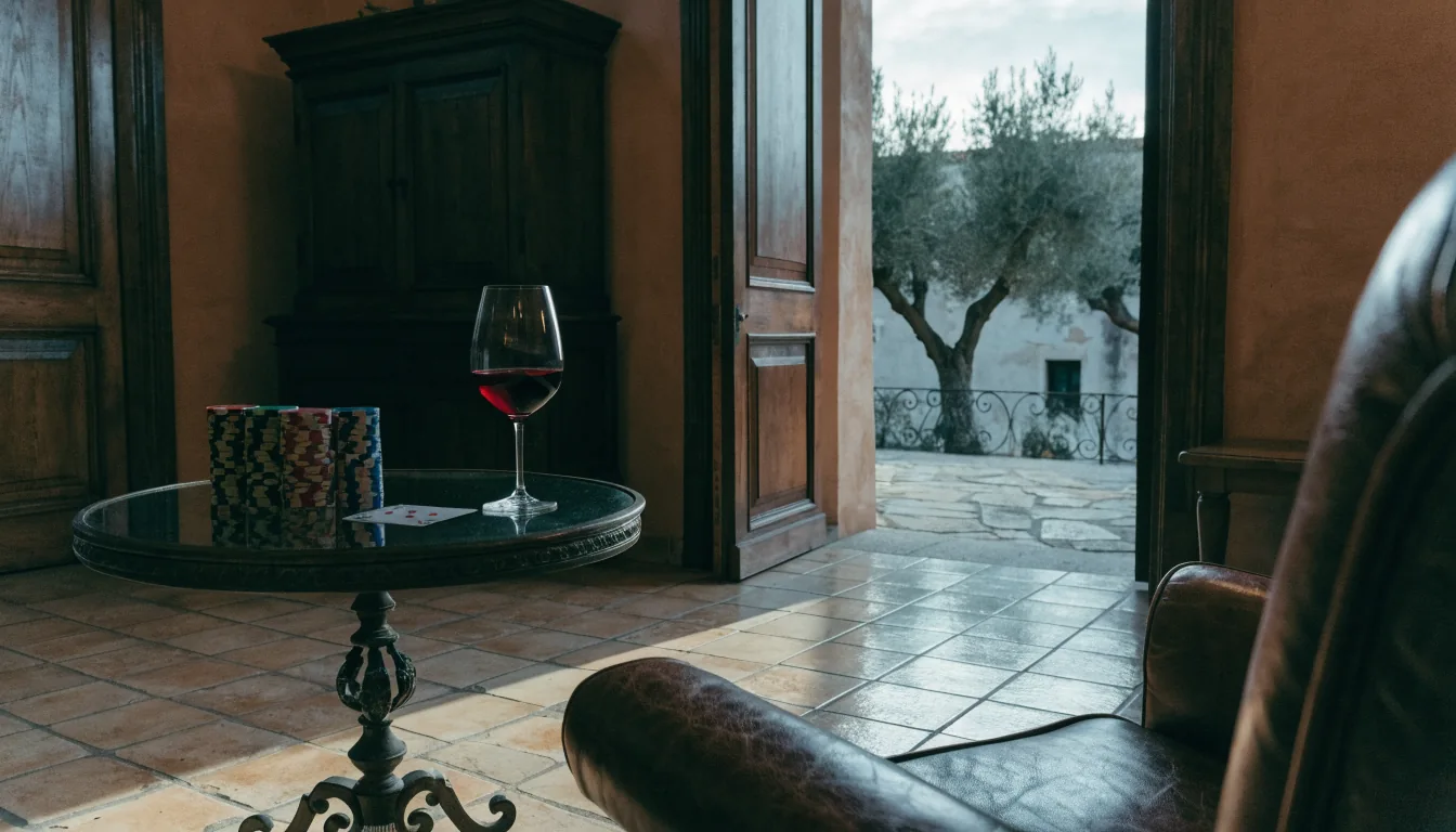 Salón español elegante con fichas de casino y copa de vino junto a una puerta abierta al atardecer.