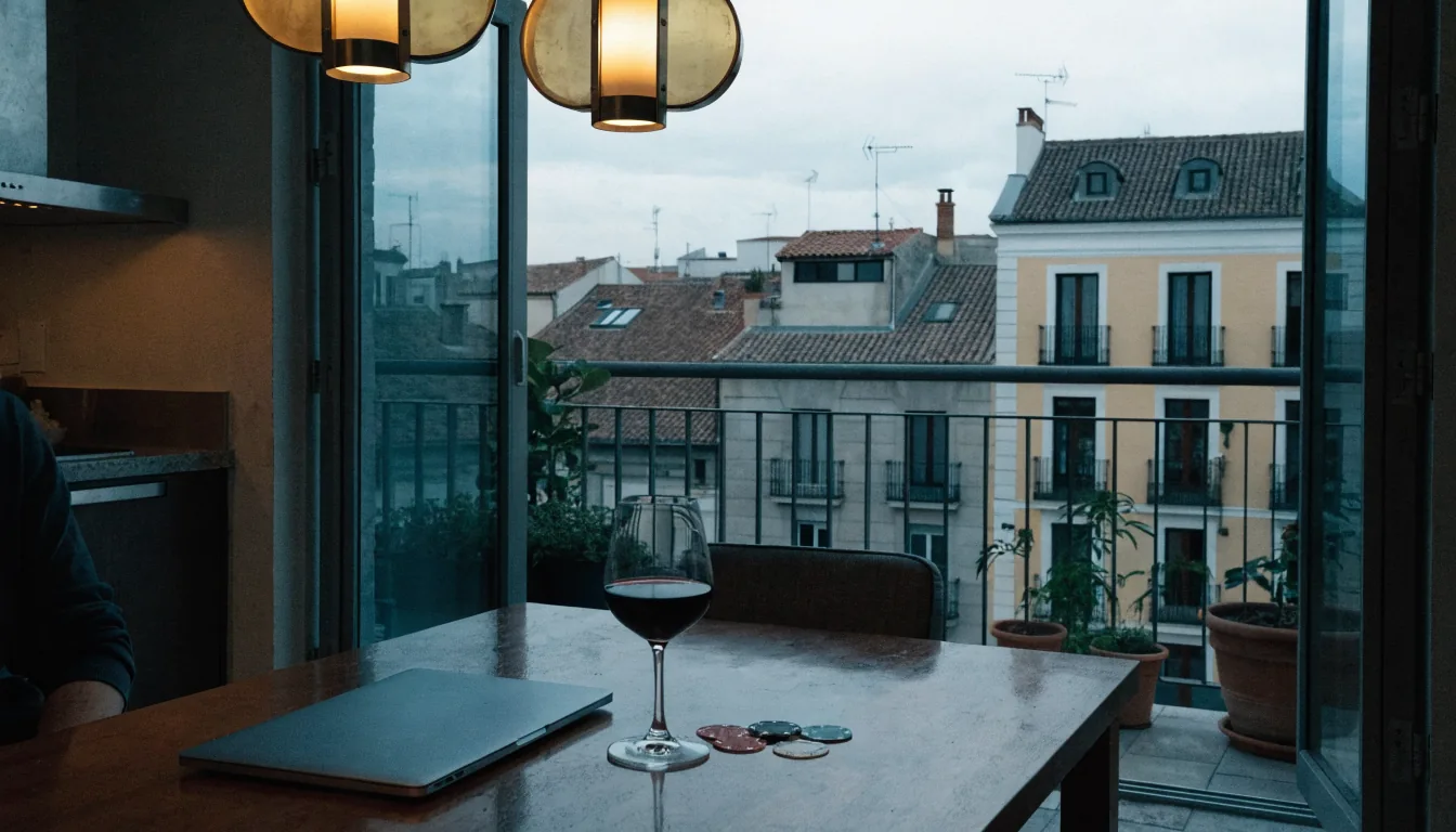 Mesa moderna en apartamento español con portátil cerrado, fichas de póker y copa de vino.