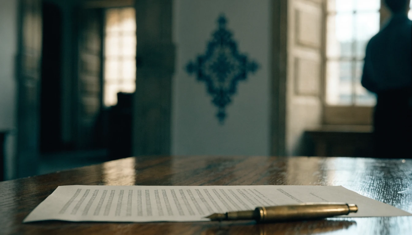Documento formal con texto y pluma sobre escritorio de madera, azulejo español desenfocado al fondo.