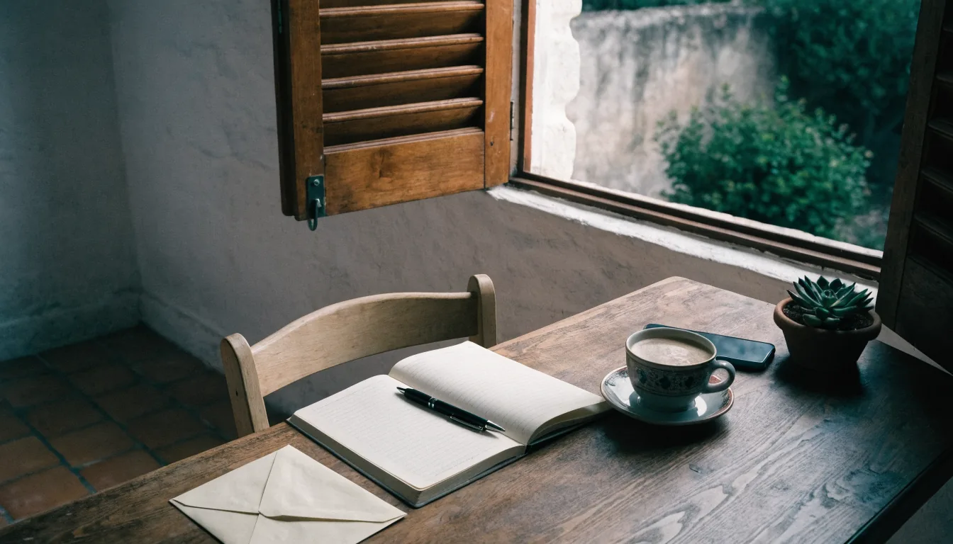 Escritorio de madera junto a ventana con sobre, cuaderno y taza de café al sol mediterráneo
