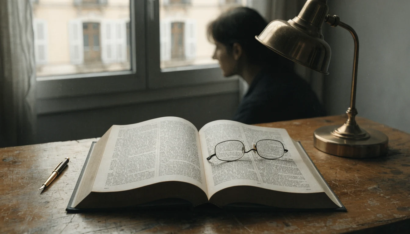 Libro legal abierto sobre escritorio de madera con lámpara y gafas de lectura