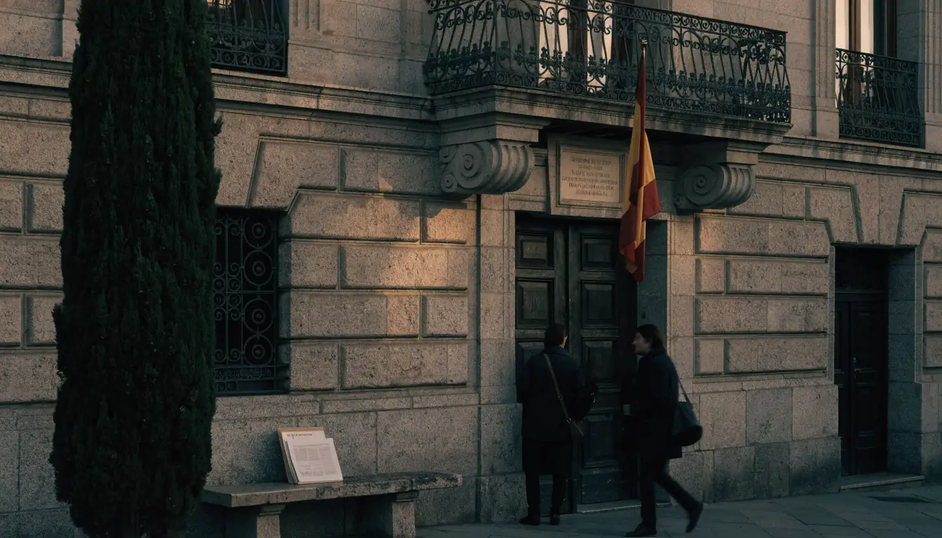 Fachada institucional española con bandera y carpeta de documentos legales
