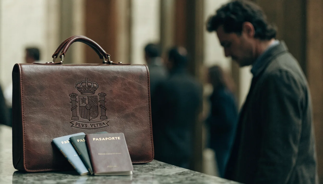 Maletín con escudo español junto a pasaportes sobre mostrador