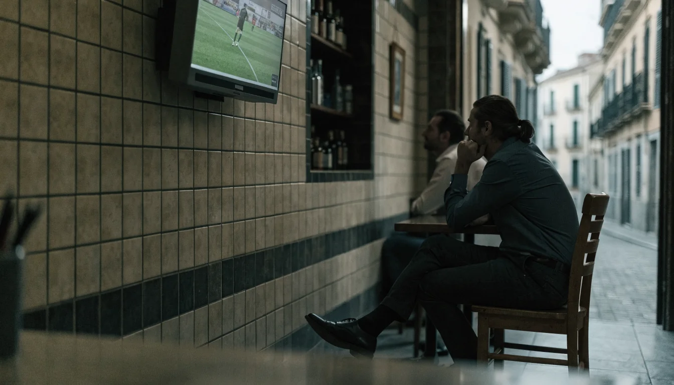 Bar español con televisión mostrando fútbol y vanda publicitaria vacía