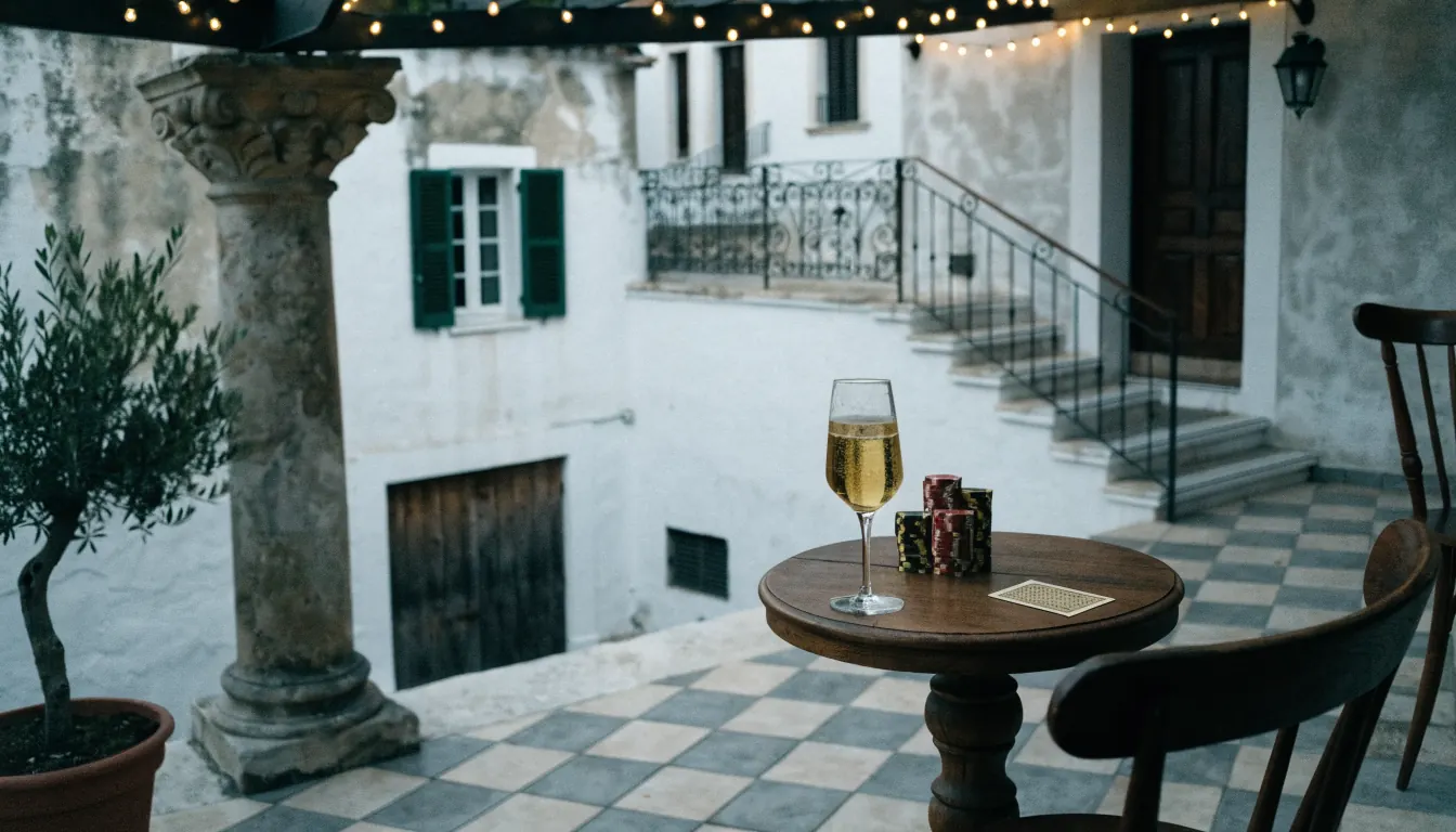 Terraza española de noche con fichas de casino, una copa de cava y una carta boca abajo bajo luces cálidas.
