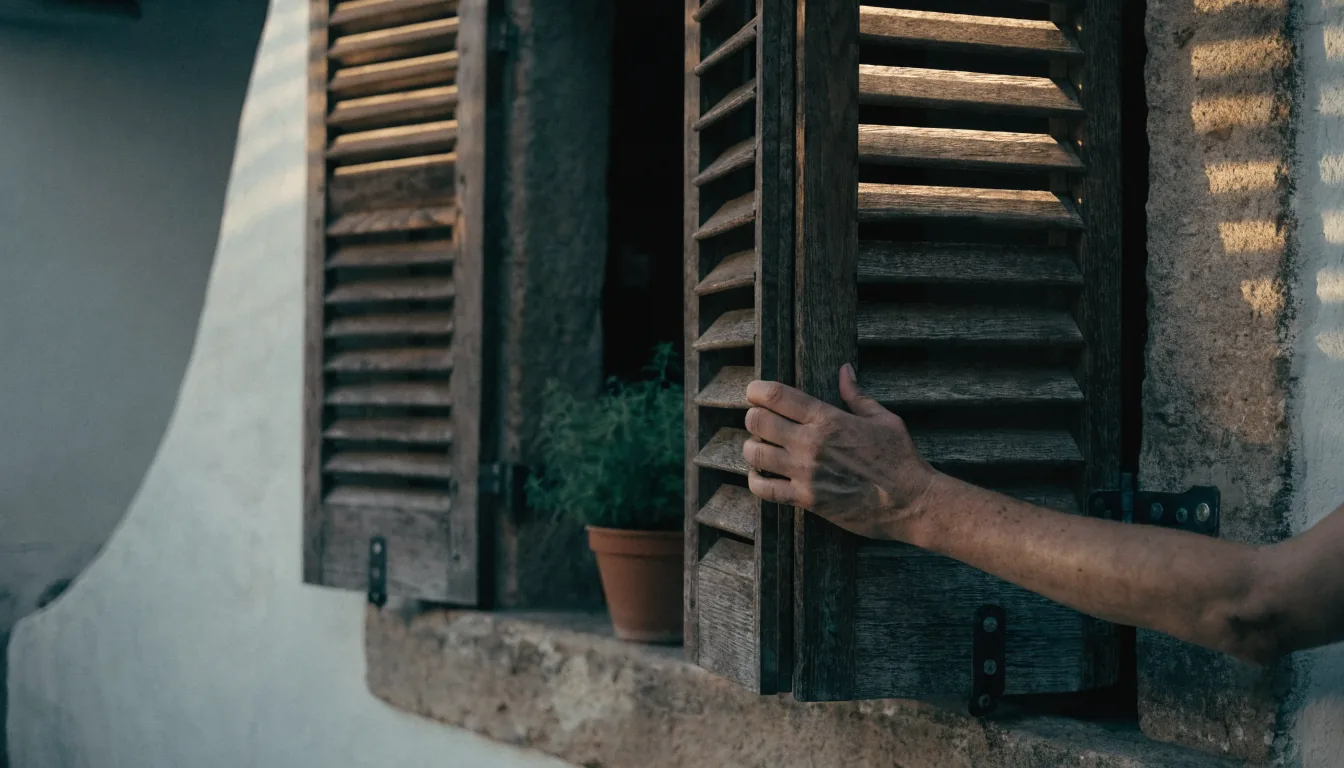 Mano cerrando contraventanas de madera en una ventana tradicional mediterránea con luz cálida.