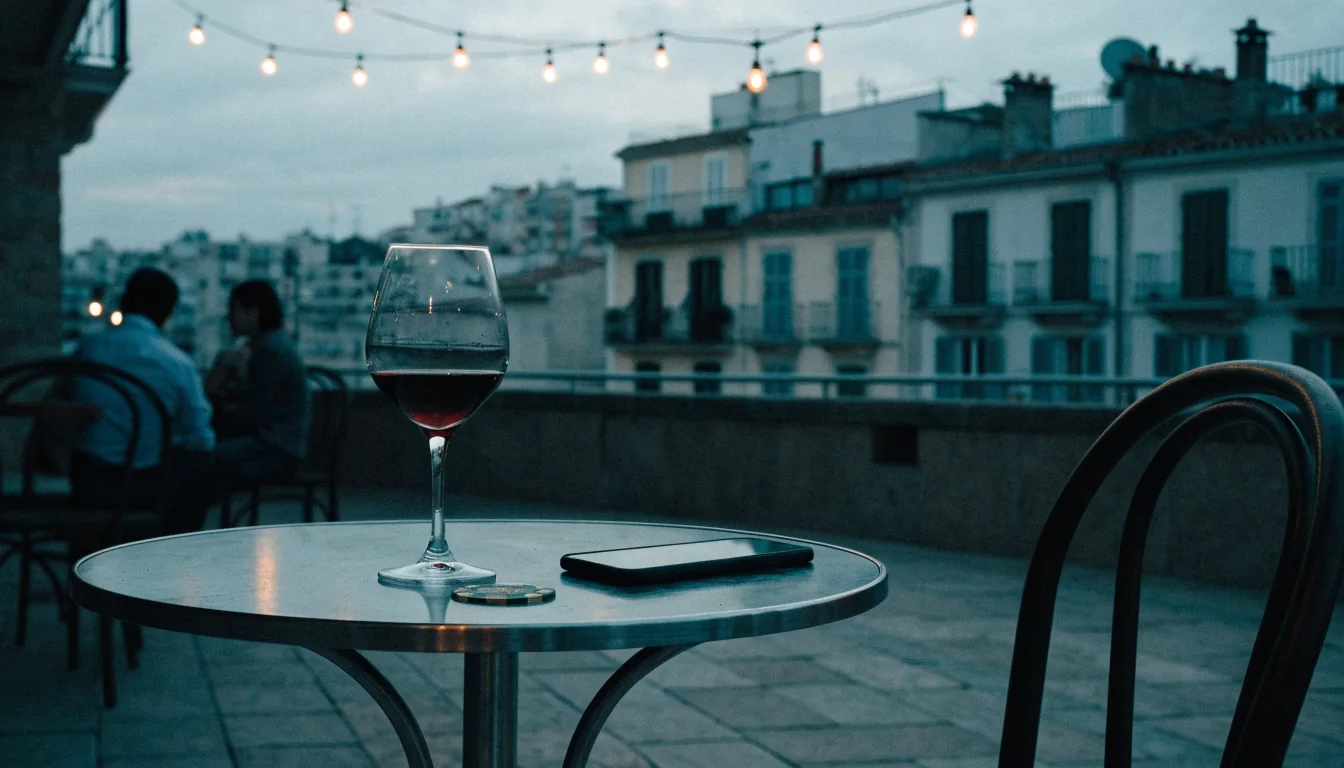 Mesa de terraza española al atardecer con ficha de casino, copa de vino y móvil boca abajo