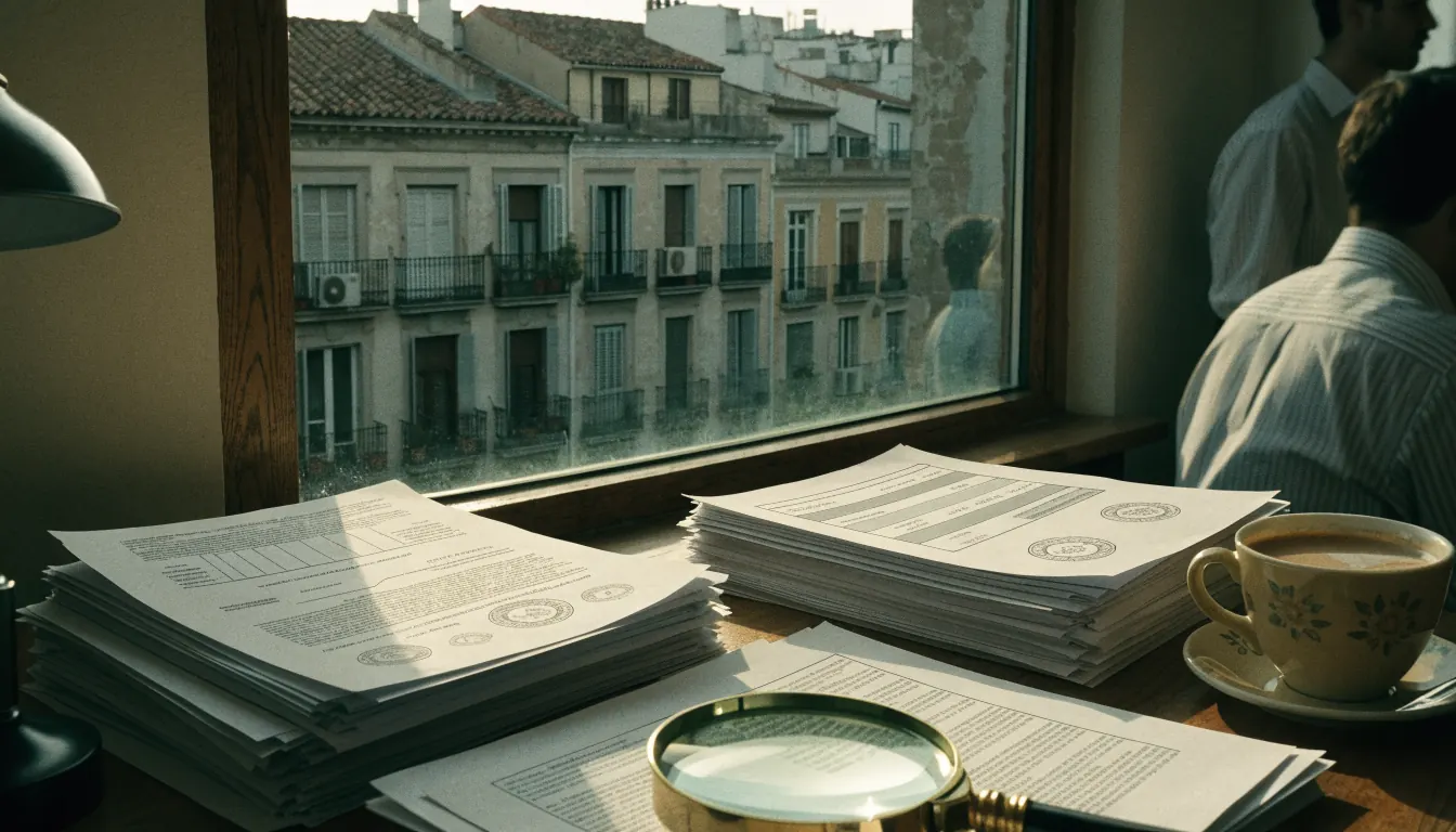Escritorio en Madrid con documentos regulatorsios, lupa y vistas a tejados españoles